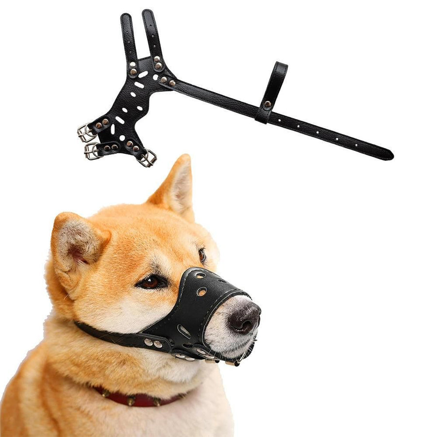 Adjustable PU Leather Dog Muzzle Pet Breathable Anti Bite Bark Chew Muzzles Brown - M