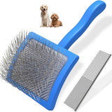 2-Piece Dog Slicker Brush & Comb Set for Grooming & Detangling Blue - Side View