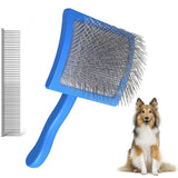 2-Piece Dog Slicker Brush & Comb Set for Grooming & Detangling Blue - Rear View