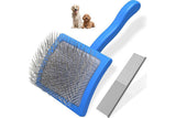 2-Piece Dog Slicker Brush & Comb Set for Grooming & Detangling Blue - Close-Up Angle
