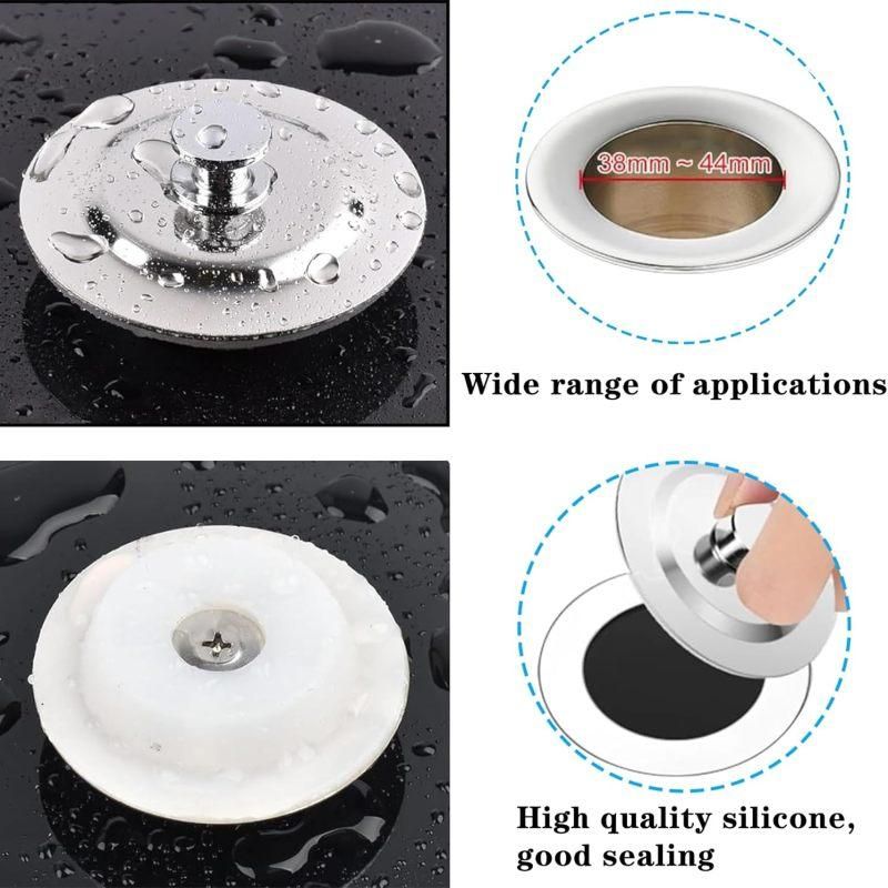 Stainless Steel Press Drain Stopper, Universal Plug Fits 40–45mm Sink Basin, Silver