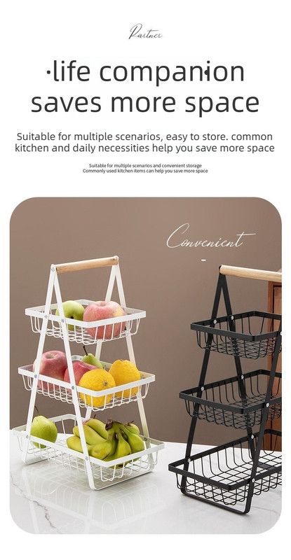 Light Luxury 2-Tier Iron Storage Rack with Wooden Handle, Household Fruit Vegetable Snack Organizer-White