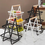 Light Luxury 2-Tier Iron Storage Rack with Wooden Handle, Household Fruit Vegetable Snack Organizer-White