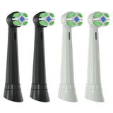 Replacement brush heads for rotary electric toothbrushes. Compatible with Oral-B's IO series (not genuine). High-density, rounded soft bristles. Pack of 4 (2 black, 2 white)