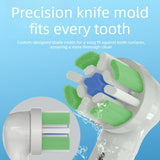 Replacement brush heads for rotary electric toothbrushes. Compatible with Oral-B's IO series (not genuine). High-density, rounded soft bristles. Pack of 4 (2 black, 2 white) - Top-Down View