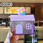 Creative Little House-Shaped Children's Straw Cup, 400ml Portable Outdoor Water Cup with Strap - Purple Flowers Design