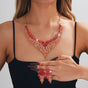 Affordable Luxury, Statement-Making Full-Diamond Necklace and Earring Set, Accessories for Banquets, Parties, and Weddings – Red
