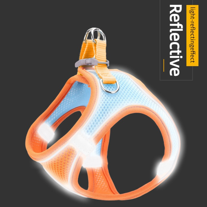 Breathable Reflective Pet Harness Set: Vest-Style Dog Harness + Leash - Orange and Blue-M