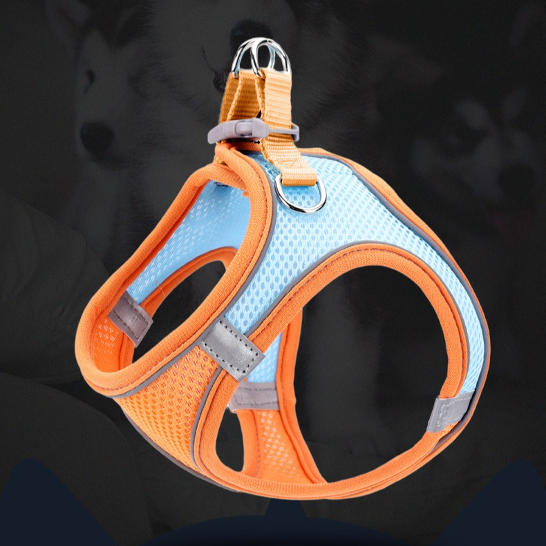 Breathable Reflective Pet Harness Set: Vest-Style Dog Harness + Leash - Orange and Blue-XS