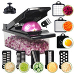 Kitchen Vegetable Slicer and Dicer, 15-Piece Set with Container, Safety Guard, Drain Basket, and Storage Box—Black