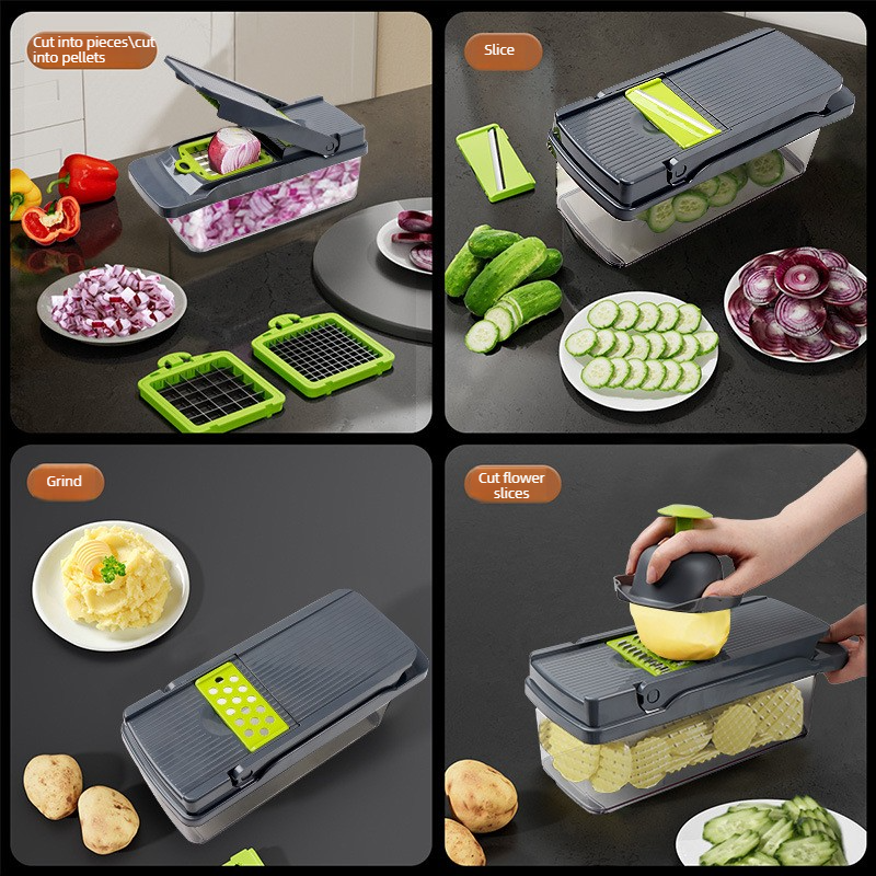 Kitchen Vegetable Slicer and Dicer, 15-Piece Set with Container, Safety Guard, Drain Basket, and Storage Box—Black