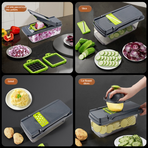 Kitchen Vegetable Slicer and Dicer, 15-Piece Set with Container, Safety Guard, Drain Basket, and Storage Box—Green