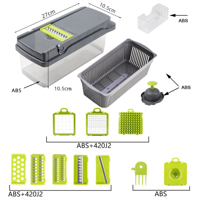 Kitchen Vegetable Slicer and Dicer, 15-Piece Set with Container, Safety Guard, Drain Basket, and Storage Box—Green