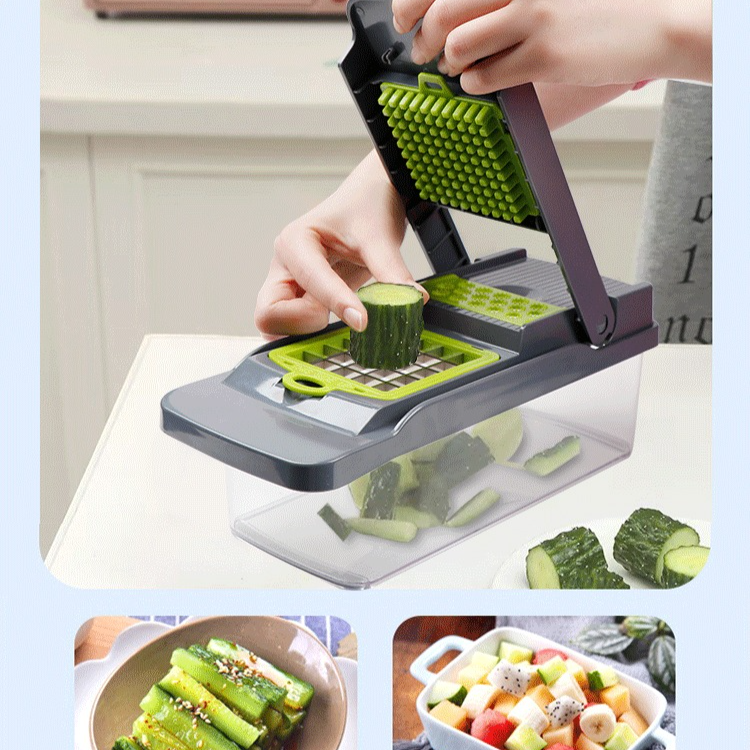 Kitchen Vegetable Slicer and Dicer, 15-Piece Set with Container, Safety Guard, Drain Basket, and Storage Box—Green