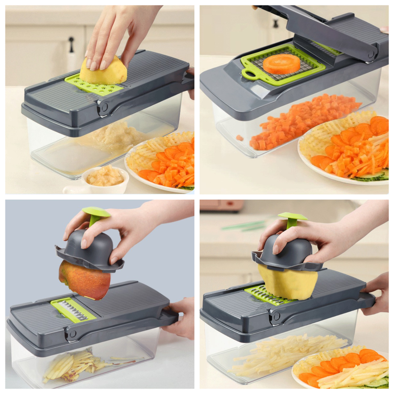 Kitchen Vegetable Slicer and Dicer, 15-Piece Set with Container, Safety Guard, Drain Basket, and Storage Box—Green