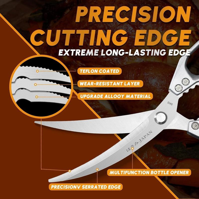 2-Pack Kitchen Scissors Set, SK5 Stainless Steel, Multi-Functional Straight & Curved Shears for Chicken Bones, BBQ, Fish, Vegetables - Black + Silver