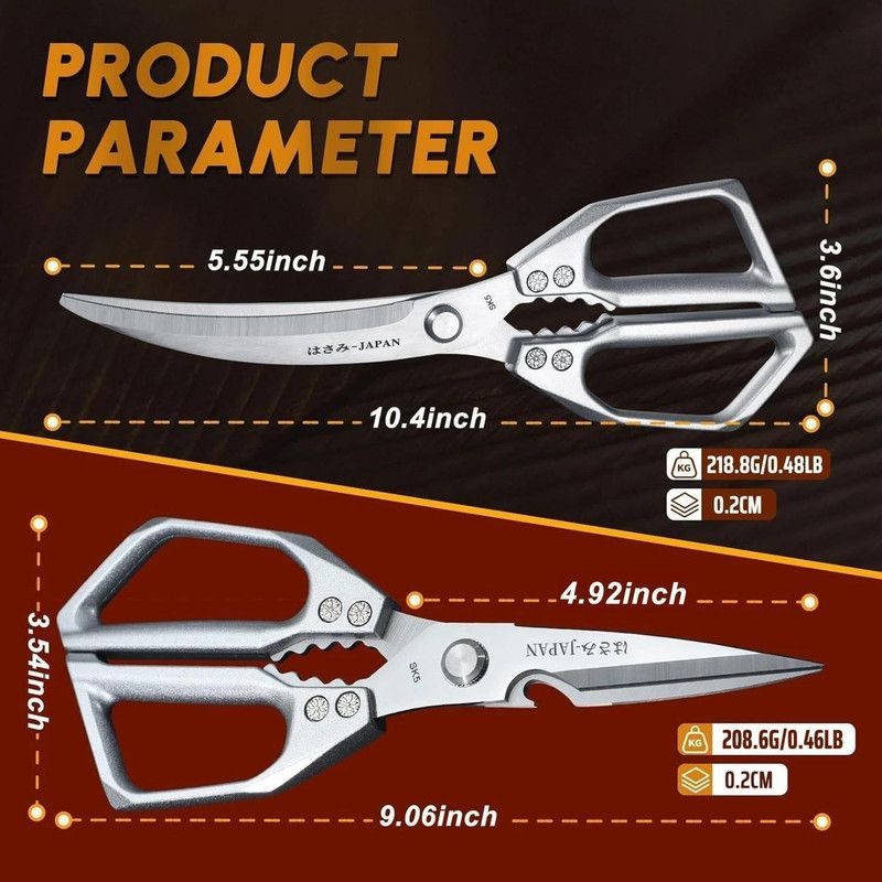 2-Pack Kitchen Scissors Set, SK5 Stainless Steel, Multi-Functional Straight & Curved Shears for Chicken Bones, BBQ, Fish, Vegetables - Black + Silver