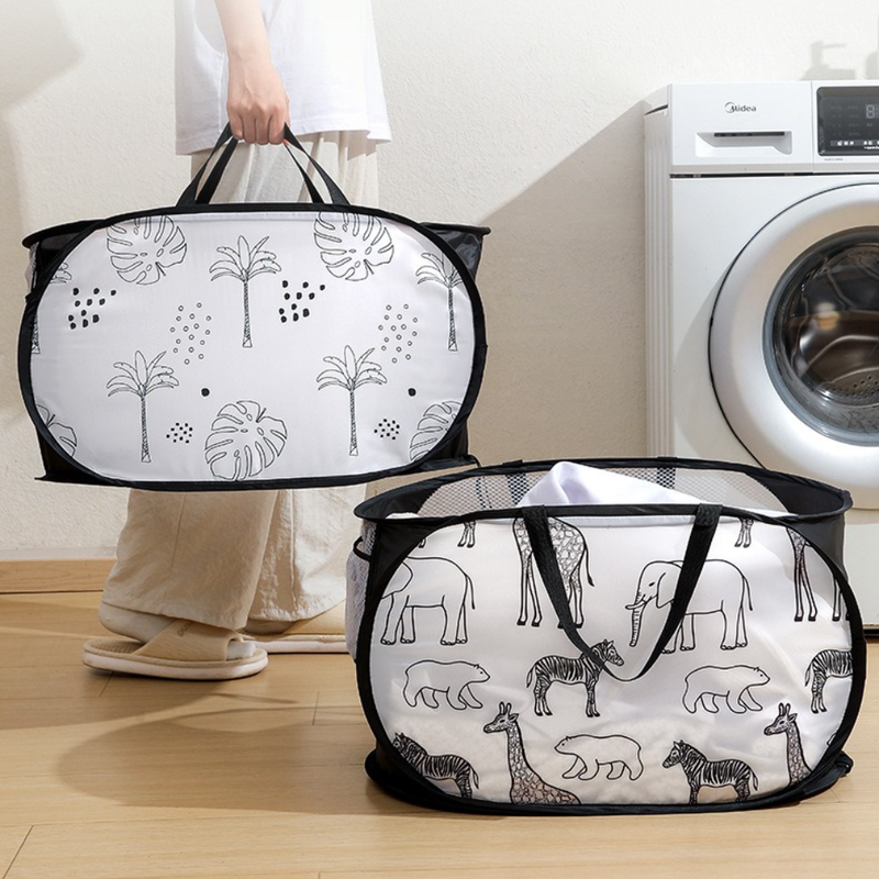 2-Pack Collapsible Laundry Basket, Large Capacity Printed Oxford Cloth Hamper with Handles for Bathroom Storage, Leaf Pattern - White