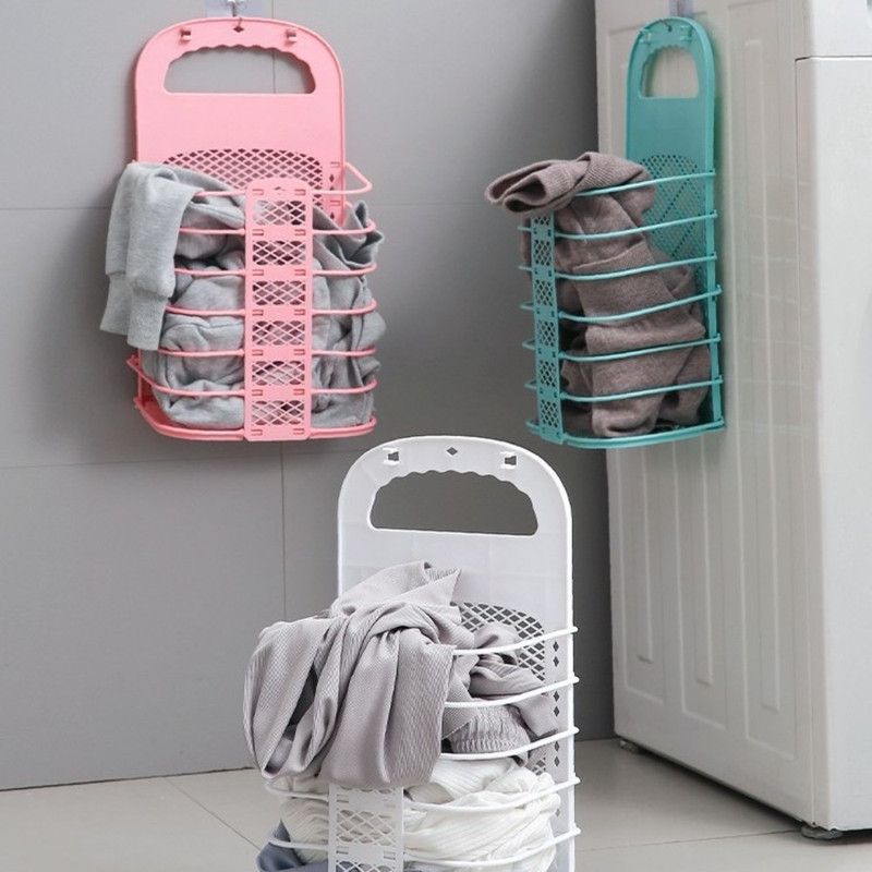 Wall-Mounted Foldable Laundry Basket, No-Drilling Hanging Dirty Clothes Hamper for Bathroom - Pink