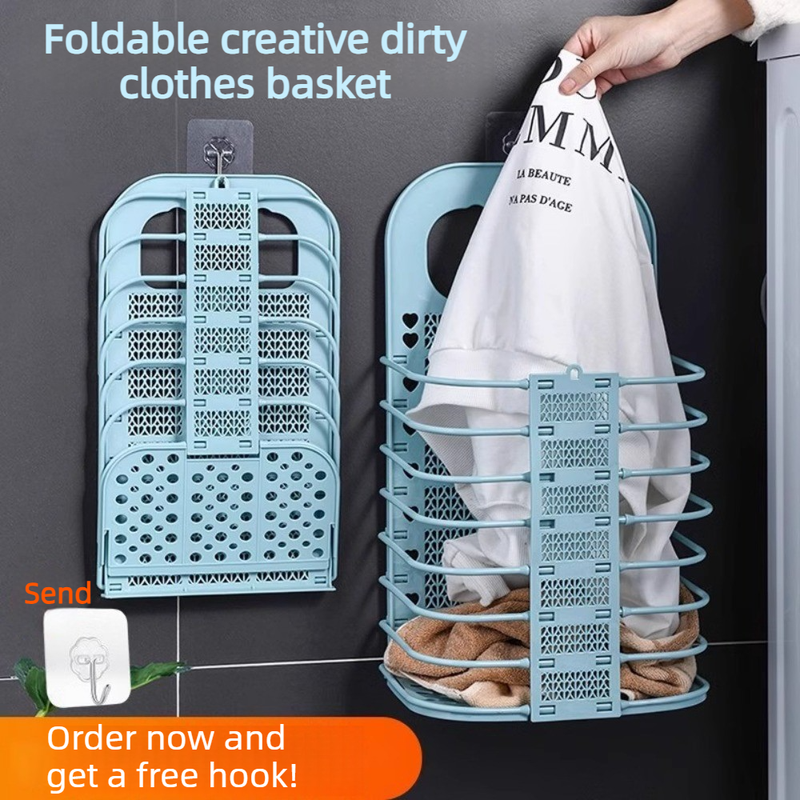 Wall-Mounted Foldable Laundry Basket, No-Drilling Hanging Dirty Clothes Hamper for Bathroom - Blue