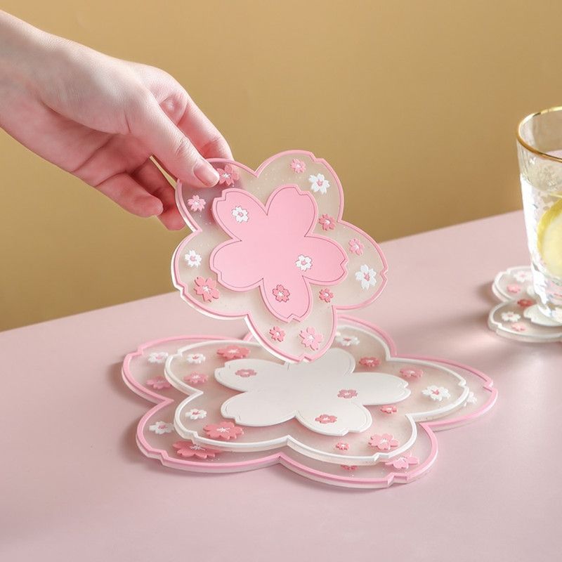 4-Pack - Sakura-Shaped PVC Heat-Resistant Coasters, Non-Slip Trivets for Bowls, Pots & Cups - Pink