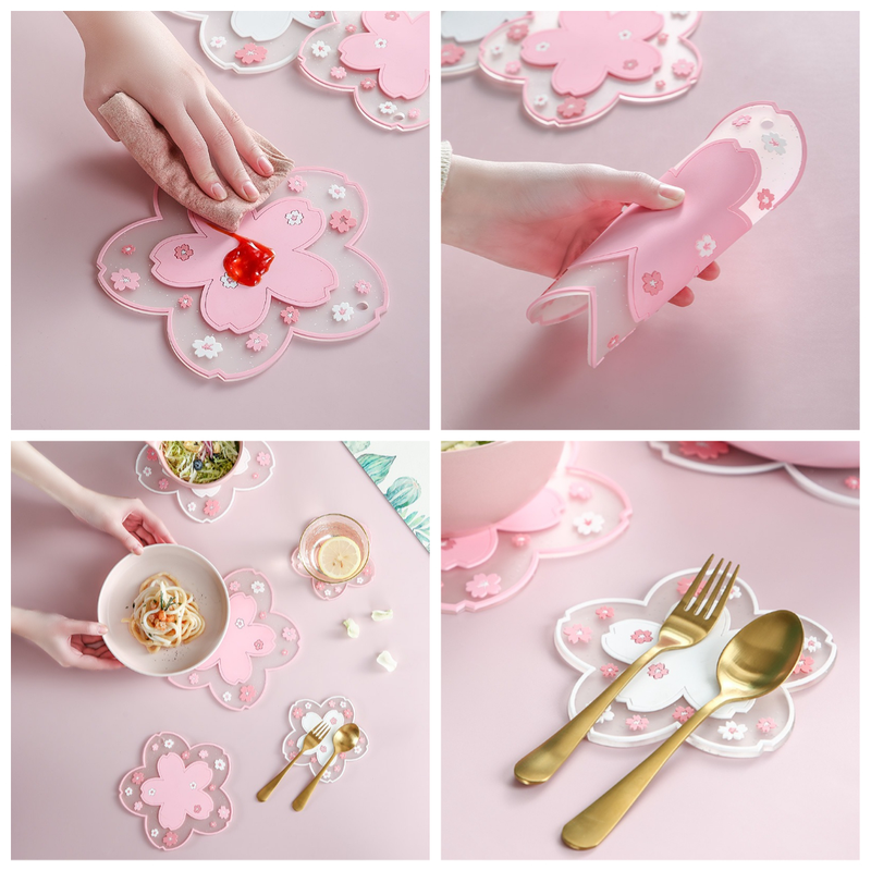 6-Pack - Sakura-Shaped PVC Heat-Resistant Coasters, Non-Slip Trivets for Bowls, Pots & Cups - Pink
