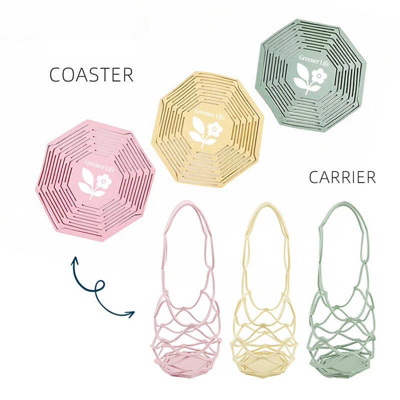 2-in-1 Transformable Silicone Coaster Carrier, Foldable Reusable Wine, Milk Tea, and Beverage Carry Bag & Heat Mat Gift - Green