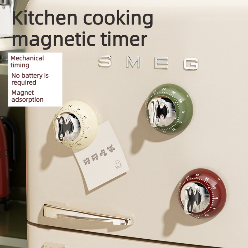 Vintage Magnetic Mechanical Kitchen Timer, 60-Minute Countdown Timer for the Fridge, Battery-Free Cooking Alarm—Red