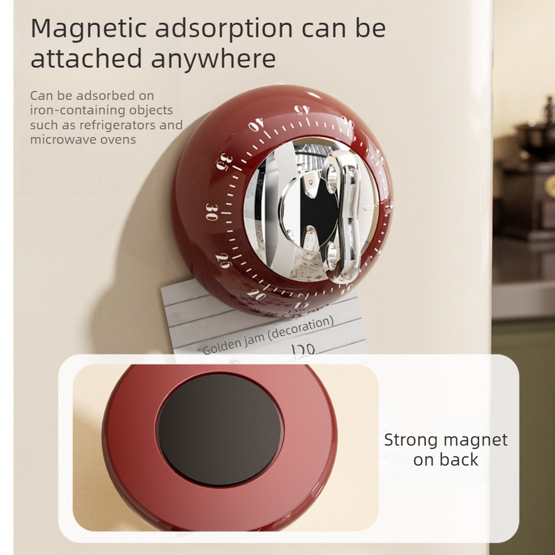 Vintage Magnetic Mechanical Kitchen Timer, 60-Minute Countdown Timer for the Fridge, Battery-Free Cooking Alarm—Red