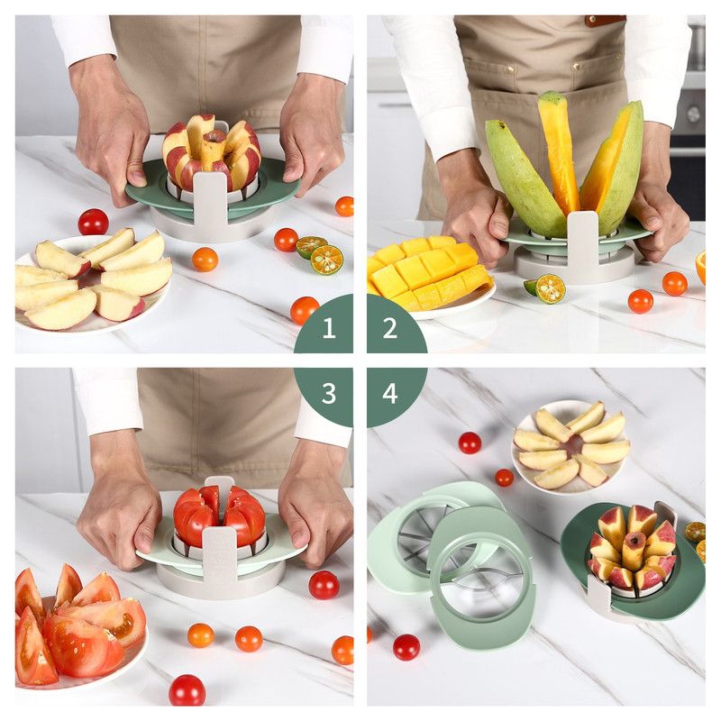 3-in-1 Multi-Fruit Slicer Set, Apple, Mango, and Tomato Cutter, Stackable Vegetable Cutting Kitchen Tool—Light Green