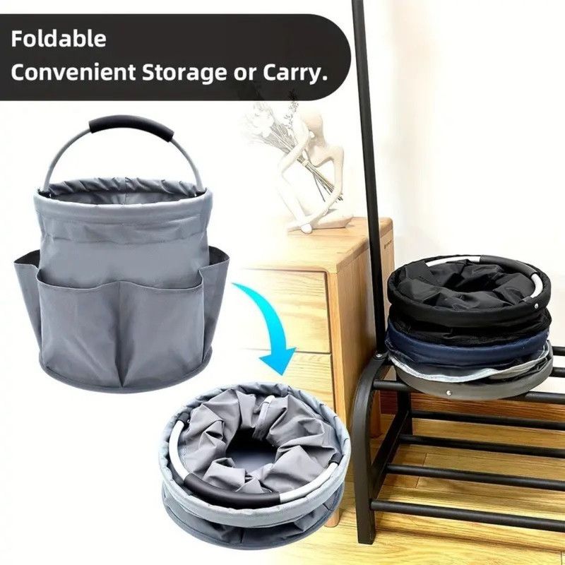 Foldable Handheld Storage Bucket with 6 Pockets, Oxford Garden Tool & Picnic Organizer Tote - Gray