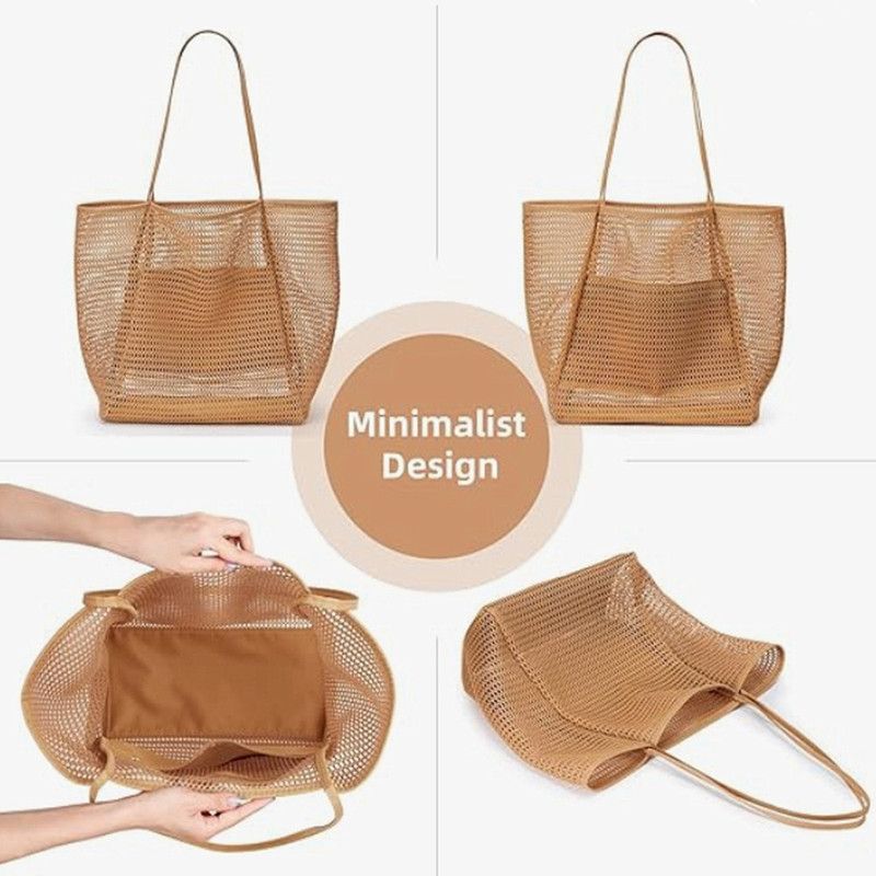 Mesh Large Beach Tote Bag, Foldable, Breathable, Single-Shoulder Shopping Bag for Travel, 2-Pack - Brown