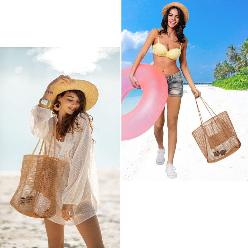 Mesh Large Beach Tote Bag, Foldable, Breathable, Single-Shoulder Shopping Bag for Travel, 2-Pack - Brown