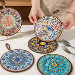 4-Pack - Chinese Retro Ceramic Trivet, Heat-Resistant, Non-Scratch Coaster with Cork Base, 17cm Round Table Mats - Lotus Pattern