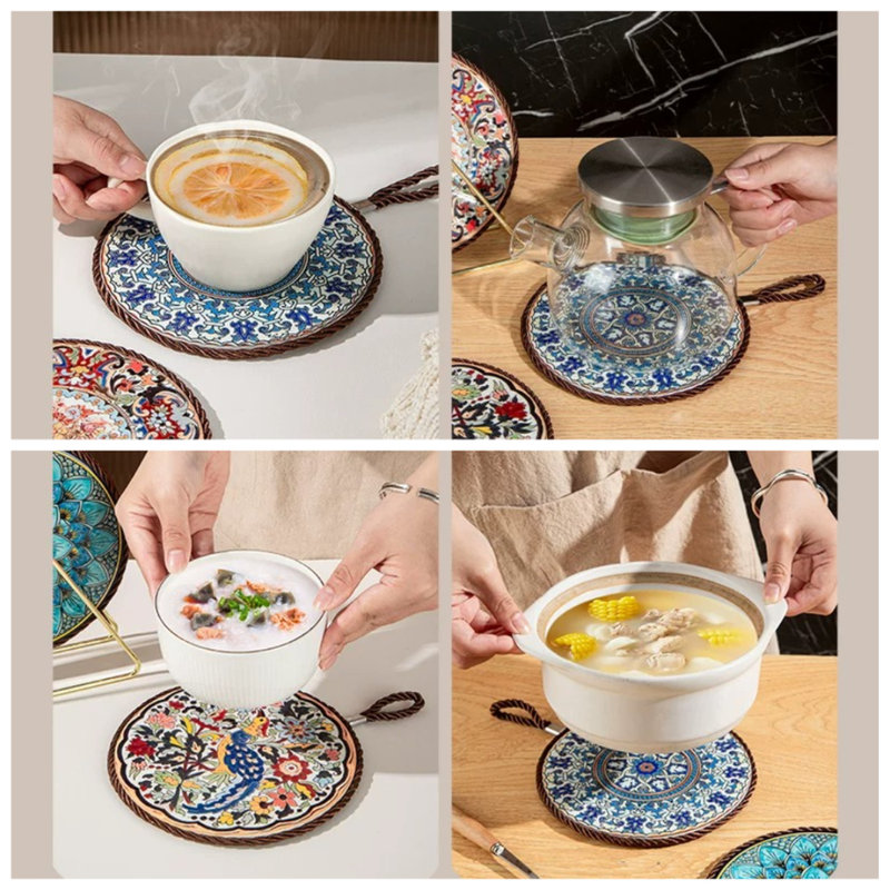 4-Pack - Chinese Retro Ceramic Trivet, Heat-Resistant, Non-Scratch Coaster with Cork Base, 17cm Round Table Mats - Geometric Floral Pattern