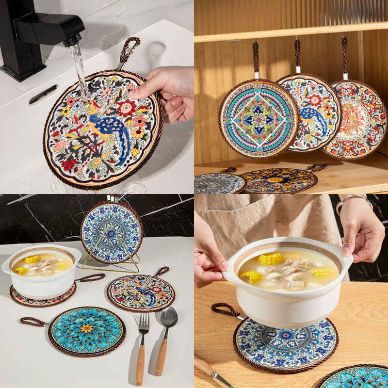 4-Pack - Chinese Retro Ceramic Trivet, Heat-Resistant, Non-Scratch Coaster with Cork Base, 17cm Round Table Mats - Blue-and-White Porcelain Pattern