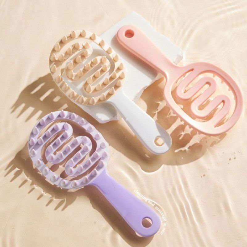 Long-Handle Hollow Hair Shampoo Brush, TPR Soft-Bristle Scalp Massager, Wet & Dry Hair—Black + Pink
