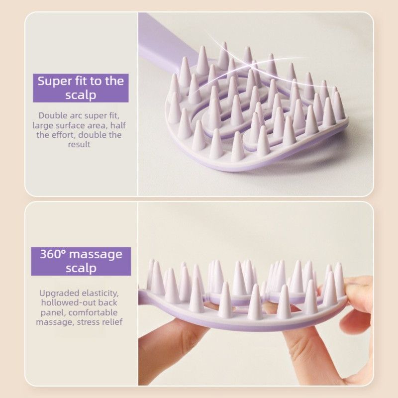 Long-Handled Hollow Hair Shampoo Brush, TPR Soft-Bristle Scalp Massager, for Wet & Dry Hair—Purple