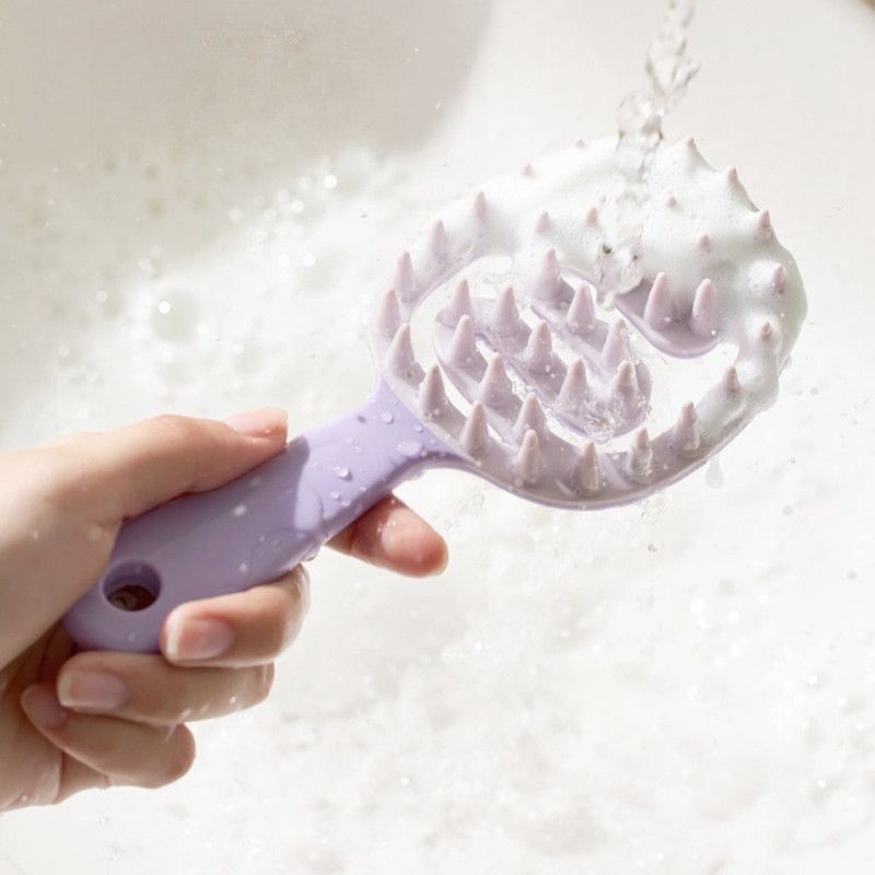 Long-Handled Hollow Hair Shampoo Brush, TPR Soft-Bristle Scalp Massager, for Wet & Dry Hair—Purple
