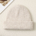 Solid Color Knit Beanie, Unisex Minimal Cuffed Warm Winter Hat with Slim Face Design - Beige
