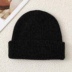 Solid Color Knit Beanie, Unisex Minimal Cuffed Warm Winter Hat with Slim Face Design - Black