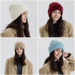 Solid Color Knit Beanie, Unisex Minimal Cuffed Warm Winter Hat with Slim Face Design - Black