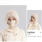 Fleece Ear Protection Integrated Knit Hat, Women's Windproof Balaclava Hat with Face Mask & Neck Warmer - Beige
