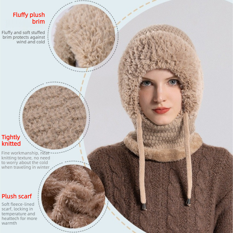Fleece Ear Protection Integrated Knit Hat, Women's Windproof Balaclava Hat with Face Mask & Neck Warmer - Beige