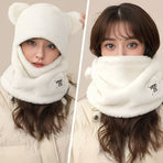 Cute Bear Ear Plush Integrated Balaclava Hat, 4-in-1 Windproof Warm Neck and Face Cover Hat - Black