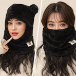 Cute Bear Ear Plush Integrated Balaclava Hat, 4-in-1 Windproof Warm Neck and Face Cover Hat - White