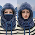 Fleece Drawstring Integrated Balaclava Hat, 3-in-1 Windproof Neck and Face Cover, Warm Cap for Winter Cycling—White