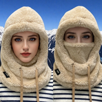 Fleece Drawstring Integrated Balaclava Hat, 3-in-1 Windproof Neck and Face Cover, Warm Cap for Winter Cycling—White