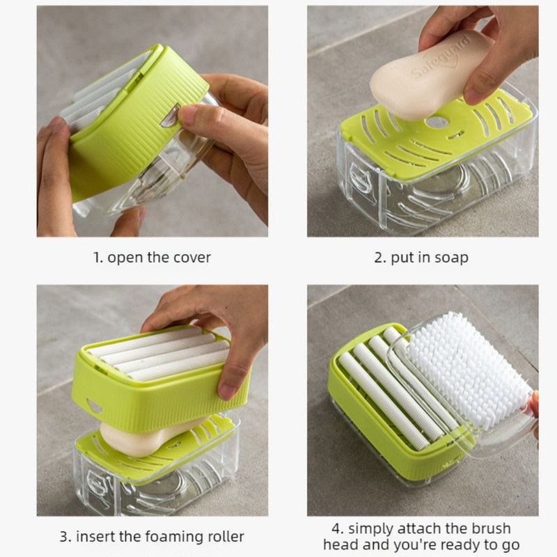 Multi-Function Soap Foaming Box with Roller, No-Rub Drain, Soap Storage Case, and Integrated Laundry Brush—Blue