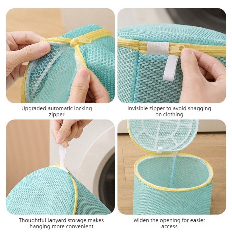 Cylindrical Sandwich Mesh Bra Laundry Bag, Anti-Deformation Underwear Washing Bag — Green